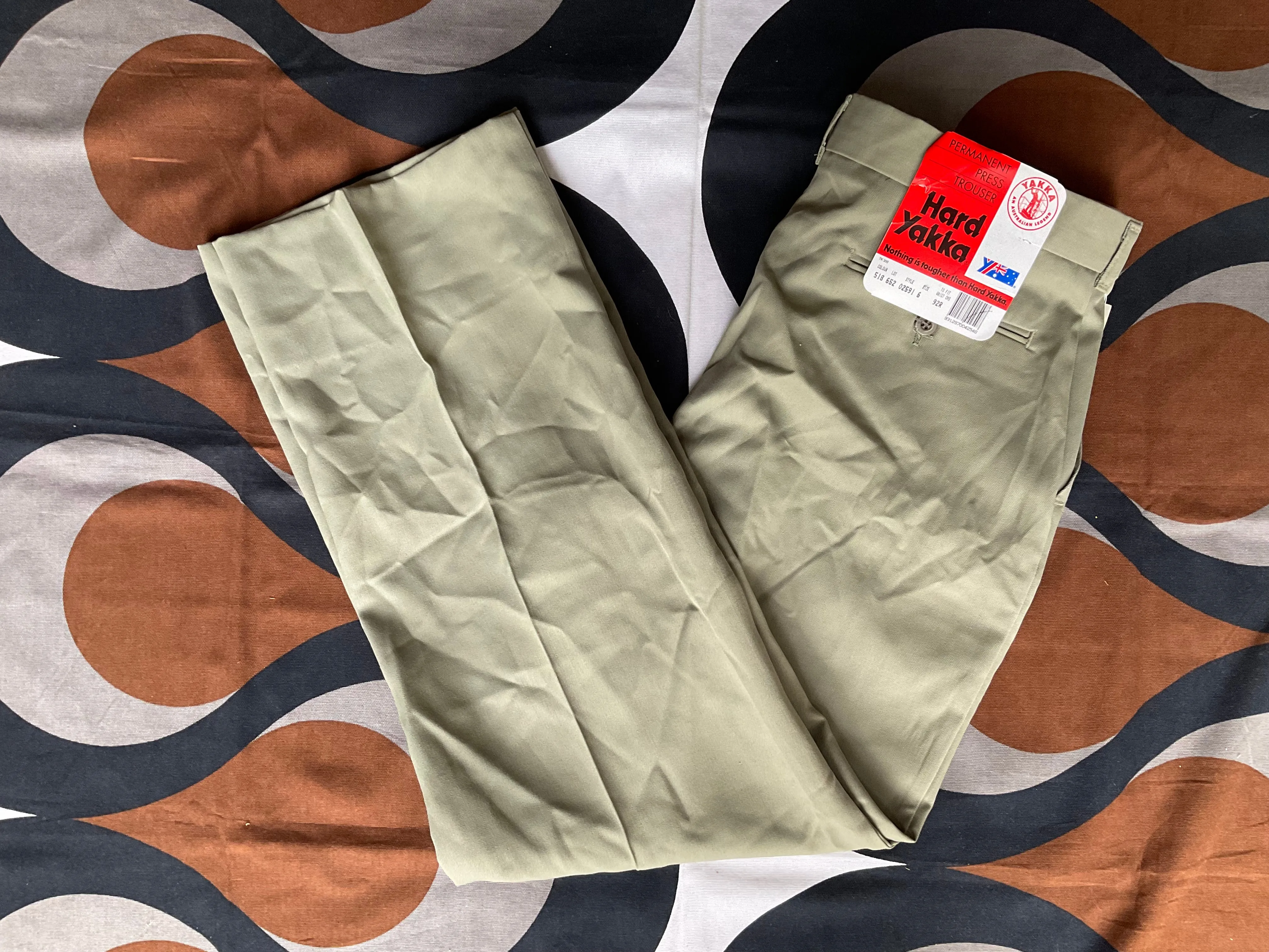 New-old-stock khaki green Hard Yakka Australian workwear trousers, 36”