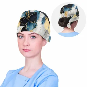 Nurse Scrub Cap Alcohol Ink Blue and Gold Floral  Scrub Cap