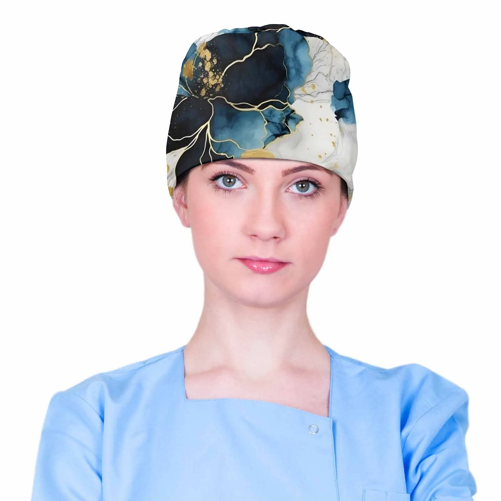 Nurse Scrub Cap Alcohol Ink Blue and Gold Floral  Scrub Cap