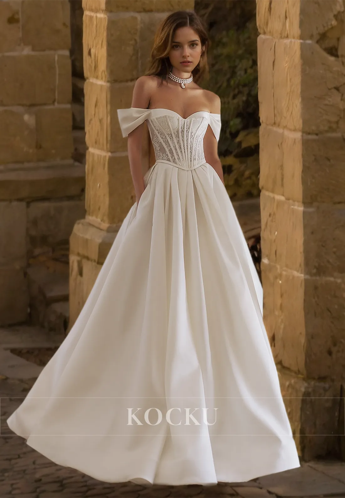 Off-Shoulder A-Line Sleeveless Stripe Pleated Satin Beach Wedding Dress with Appliques Boho Gowns