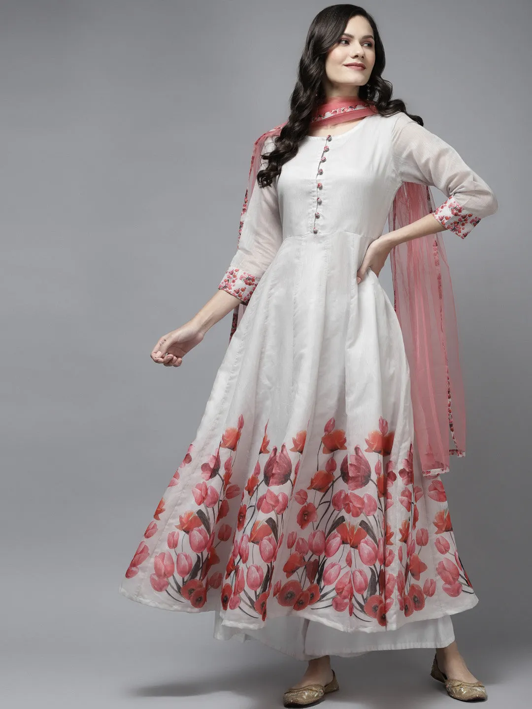 Off White Floral Printed Chanderi Silk Anarkali Kurta With Dupatta