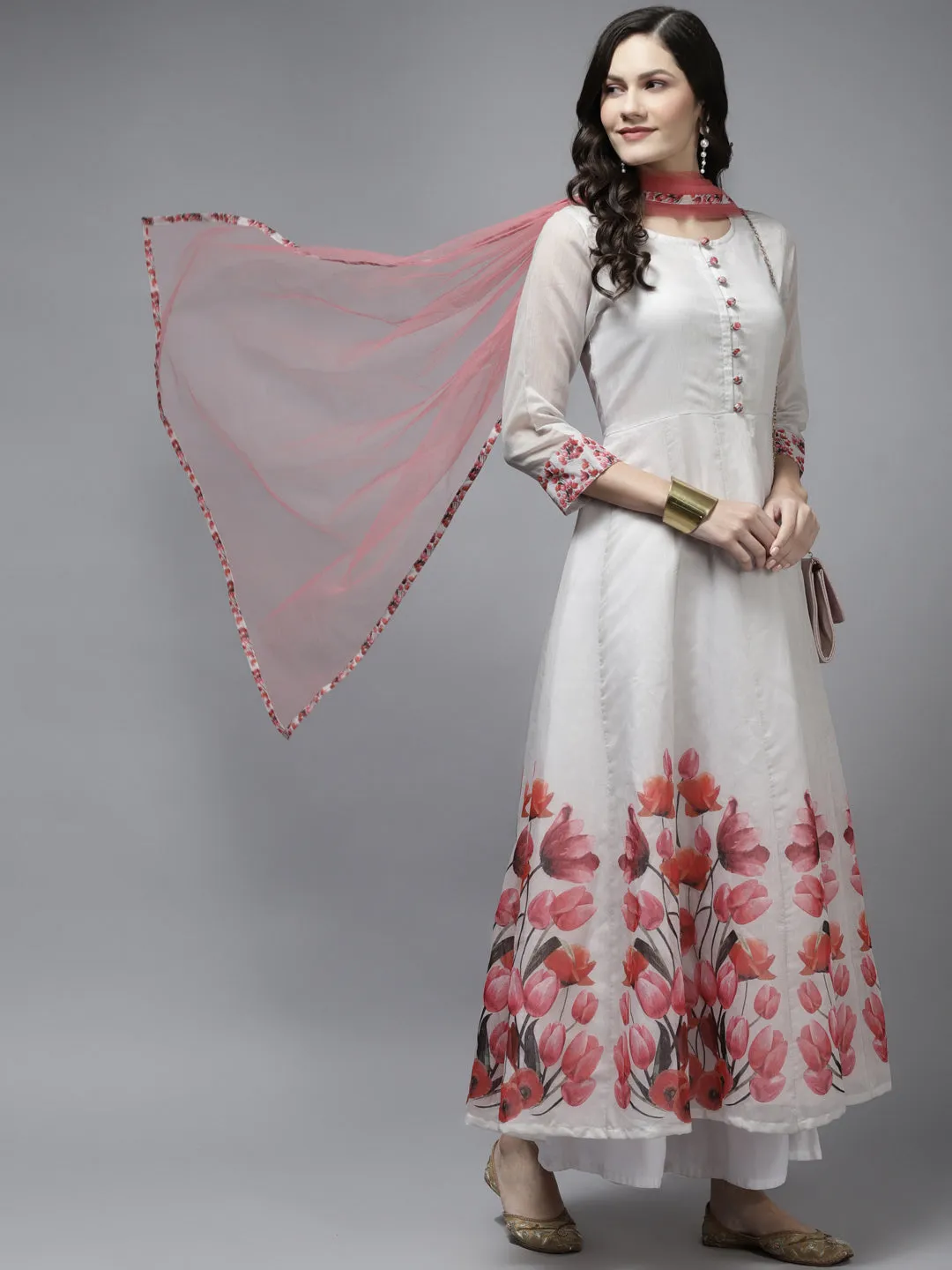 Off White Floral Printed Chanderi Silk Anarkali Kurta With Dupatta