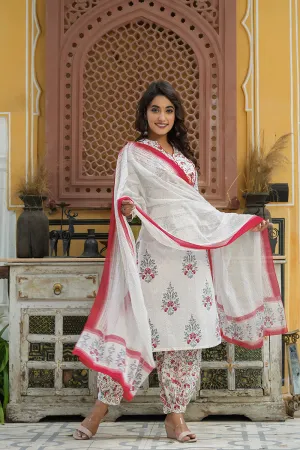 Off White Printed Cotton Kurta, Salwar, and Dupatta