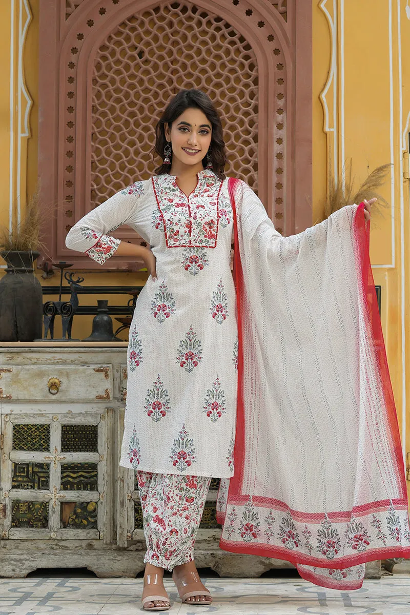 Off White Printed Cotton Kurta, Salwar, and Dupatta