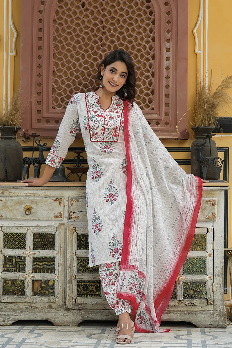 Off White Printed Cotton Kurta, Salwar, and Dupatta