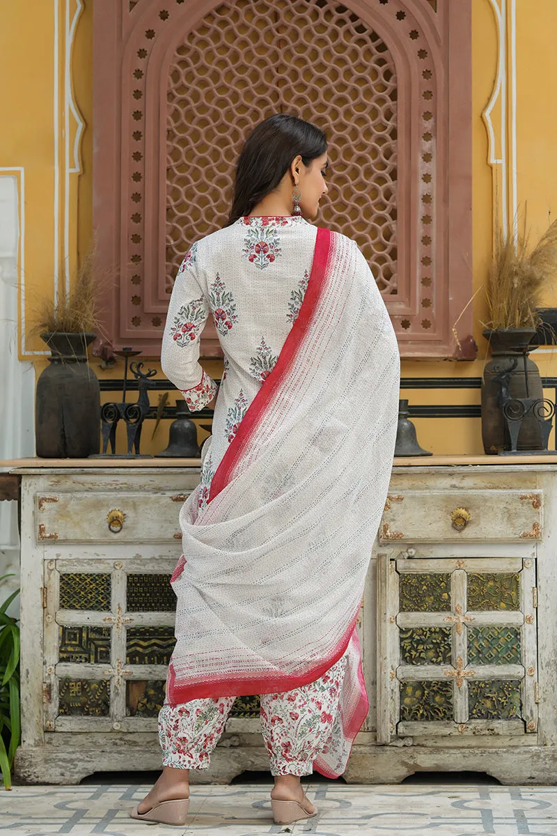 Off White Printed Cotton Kurta, Salwar, and Dupatta