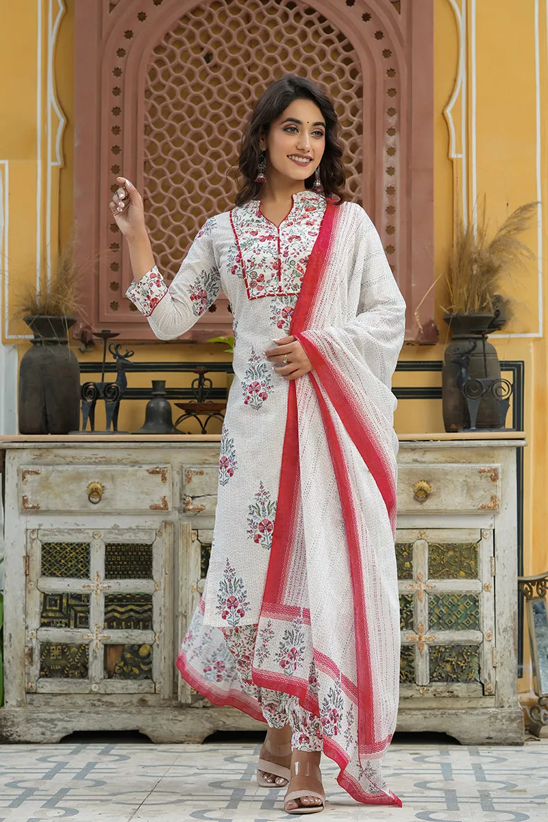 Off White Printed Cotton Kurta, Salwar, and Dupatta