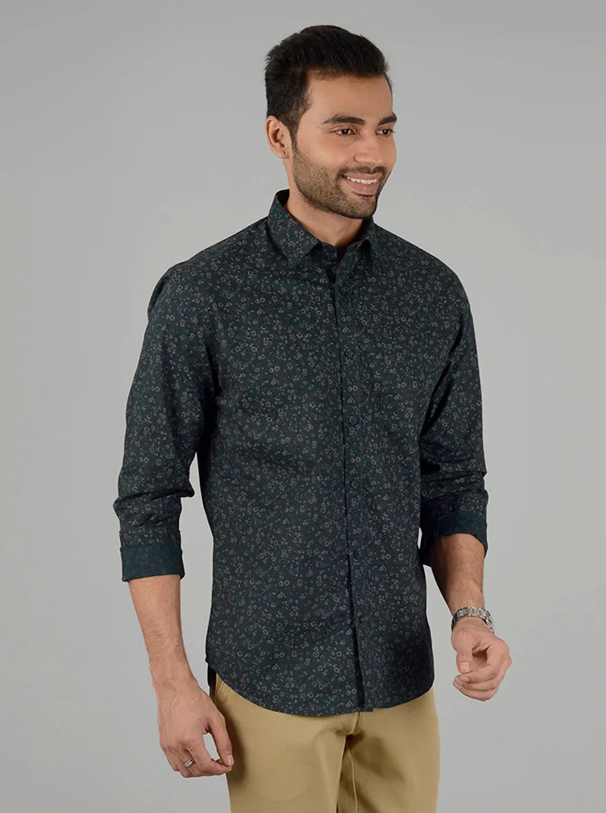 Olive Green Printed Classic Fit Casual Shirt | Greenfibre