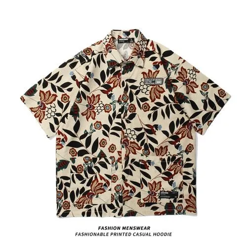 Oversize Retro Floral Printed Short Sleeve Shirt