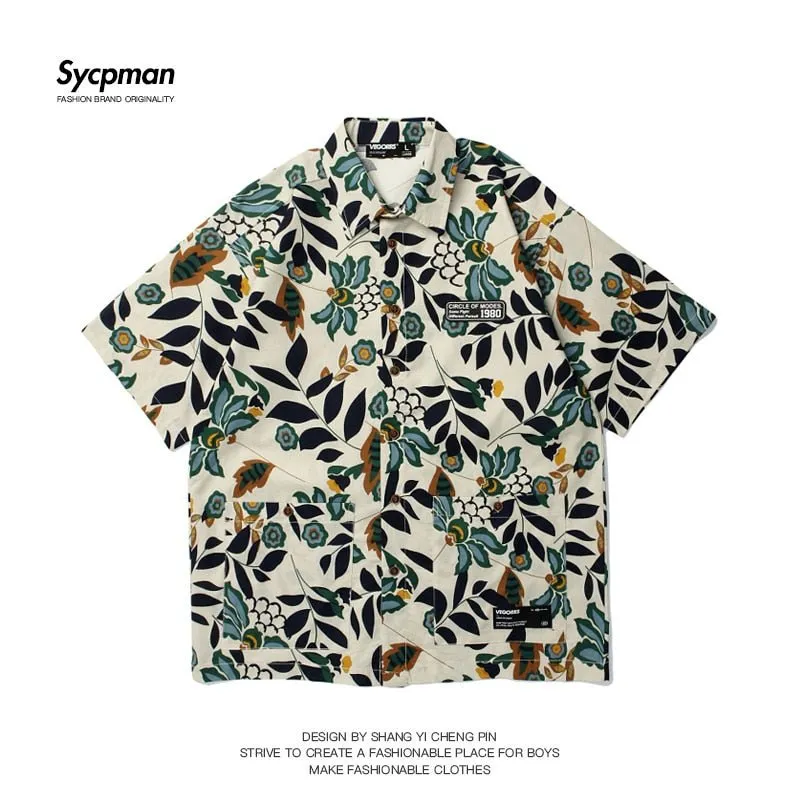 Oversize Retro Floral Printed Short Sleeve Shirt