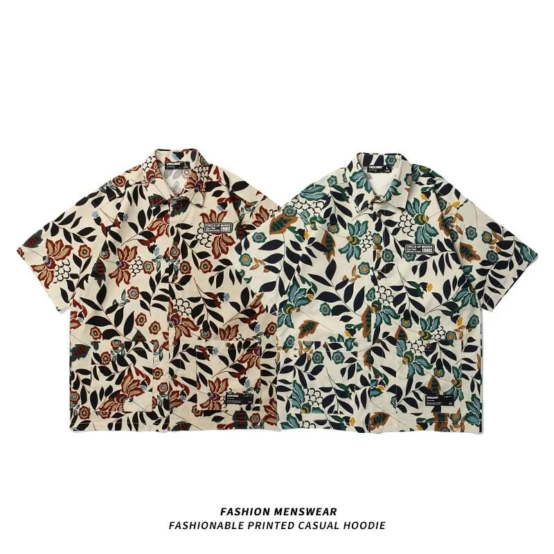 Oversize Retro Floral Printed Short Sleeve Shirt