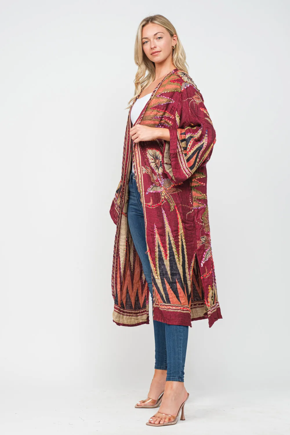 RAJ MEGHAN CARMINE ORAGE THICK STITCH EMBROIDERED DUSTER