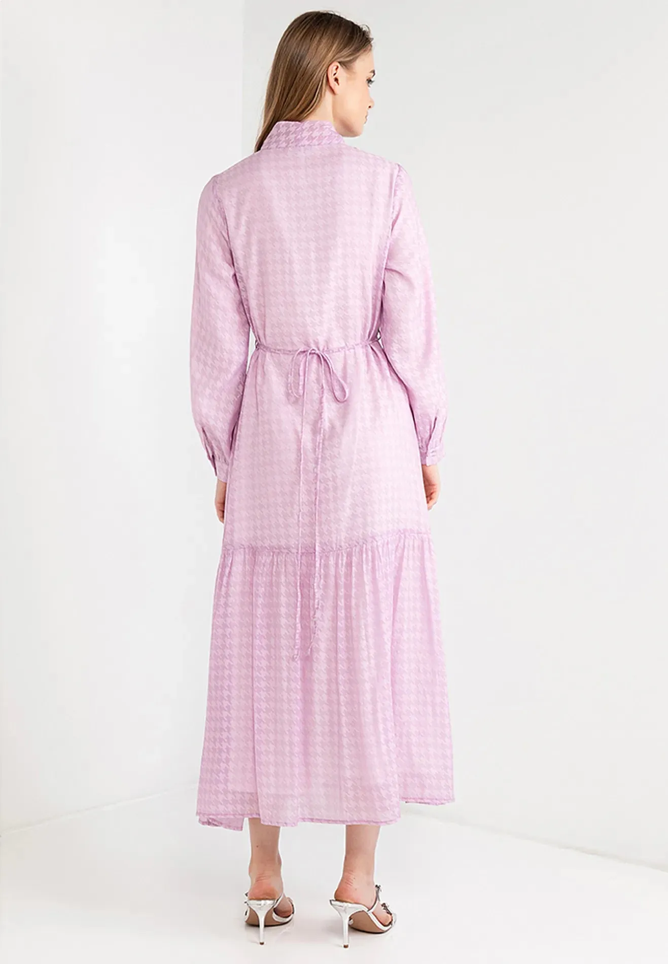 Ribbon Tie Houndstooth Maxi Dress