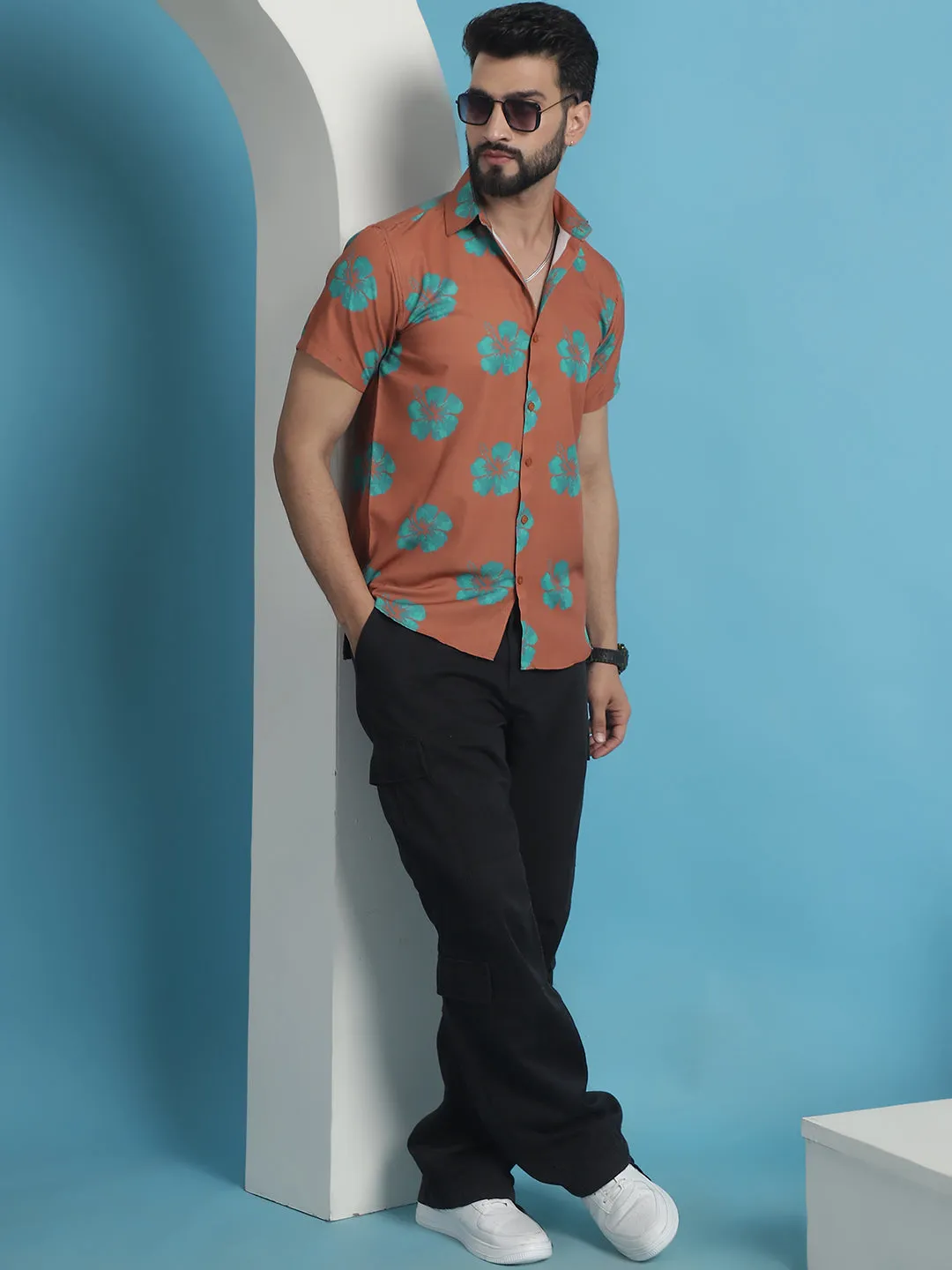 Rust Floral Printed Cotton Casual Shirt