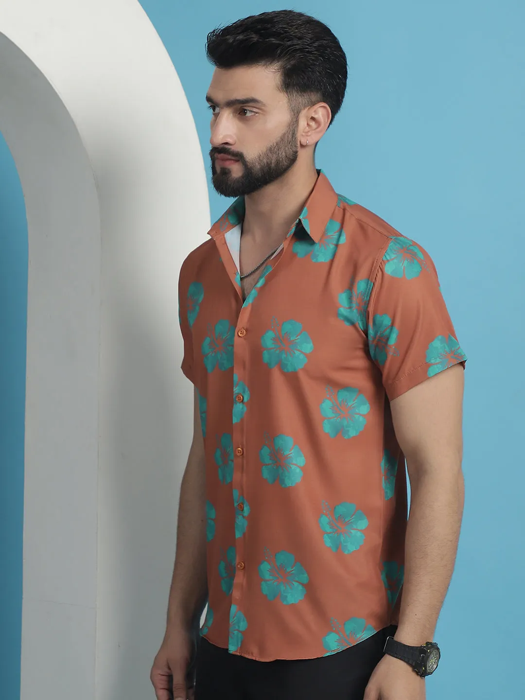 Rust Floral Printed Cotton Casual Shirt