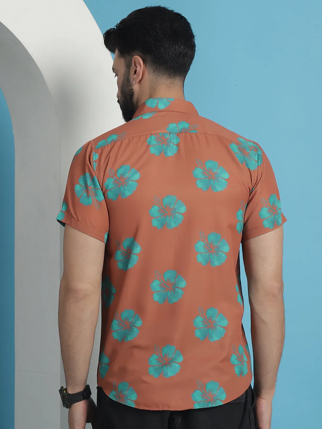 Rust Floral Printed Cotton Casual Shirt