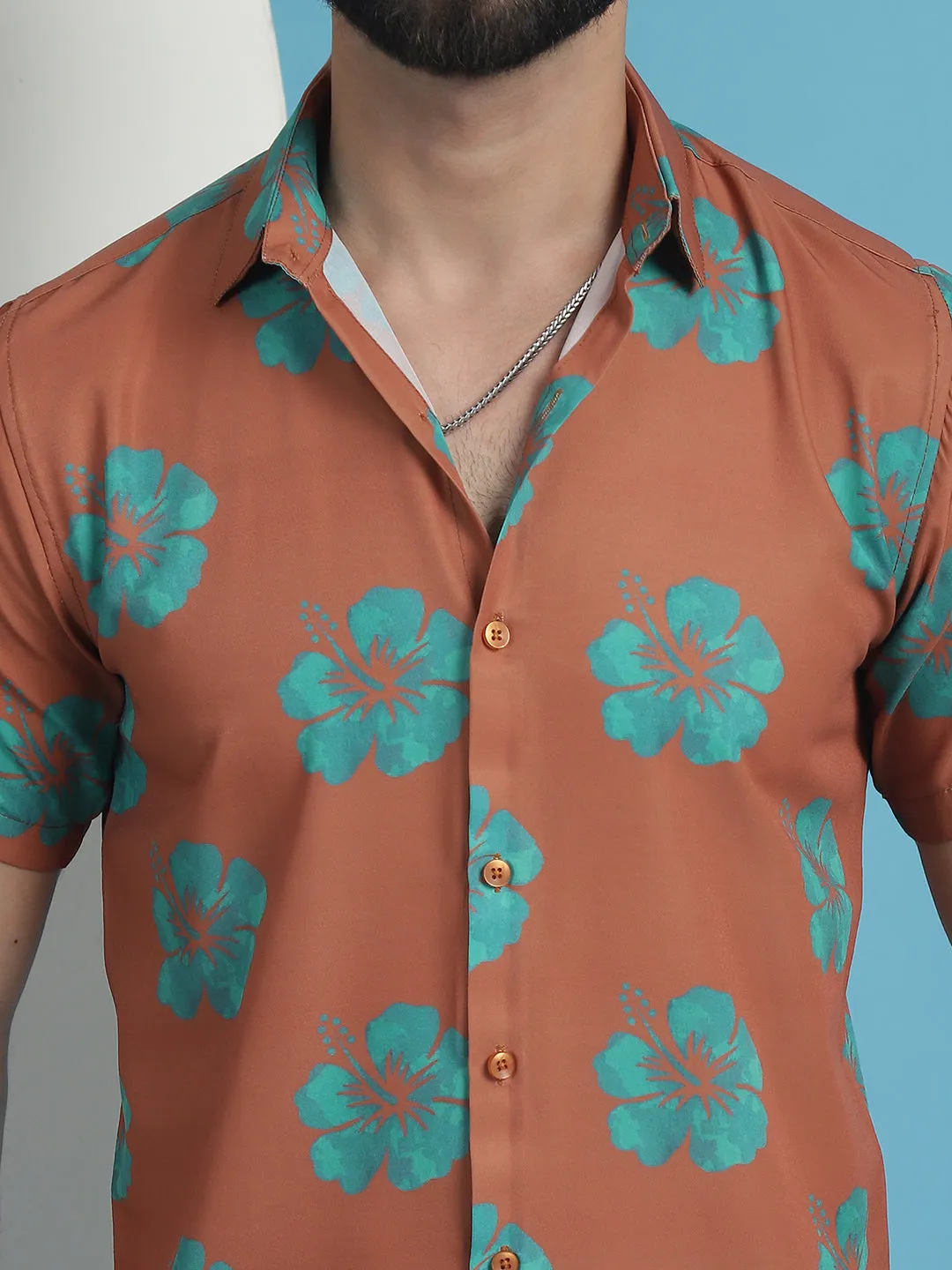 Rust Floral Printed Cotton Casual Shirt