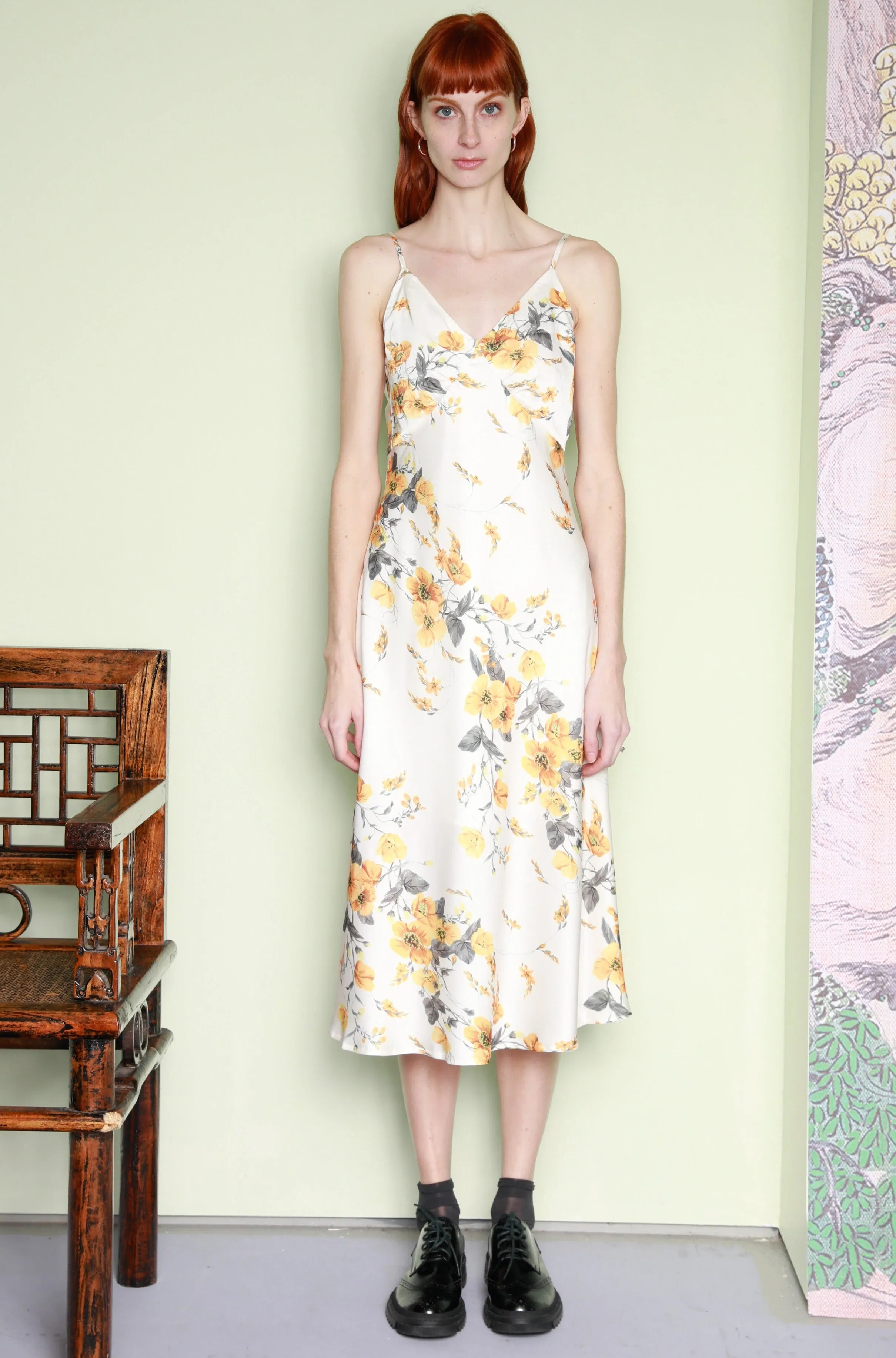 Silk Printed Yellow Floral Slip Dress