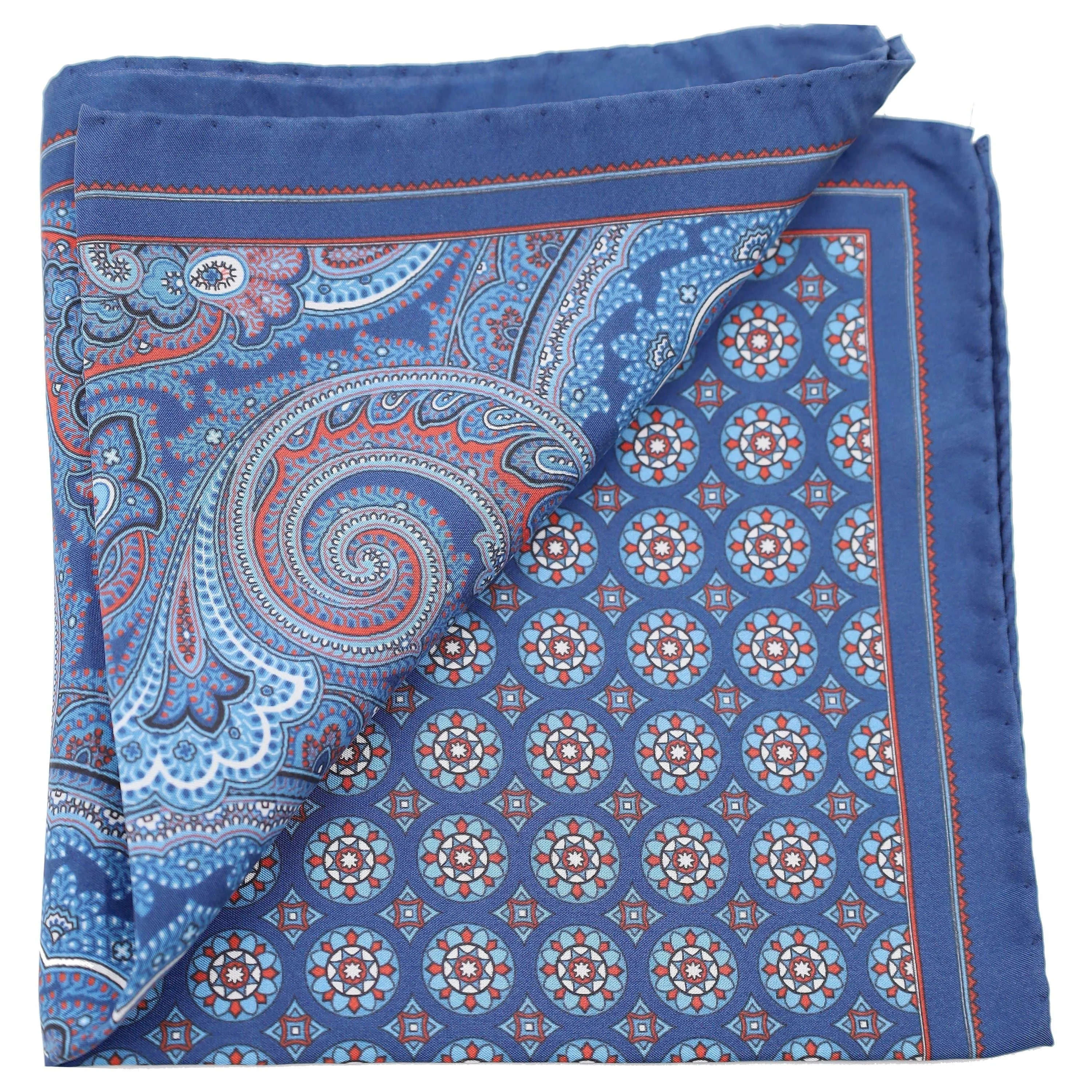 Sky Blue Paisley and Brown Meddalion Silk Pocket Square