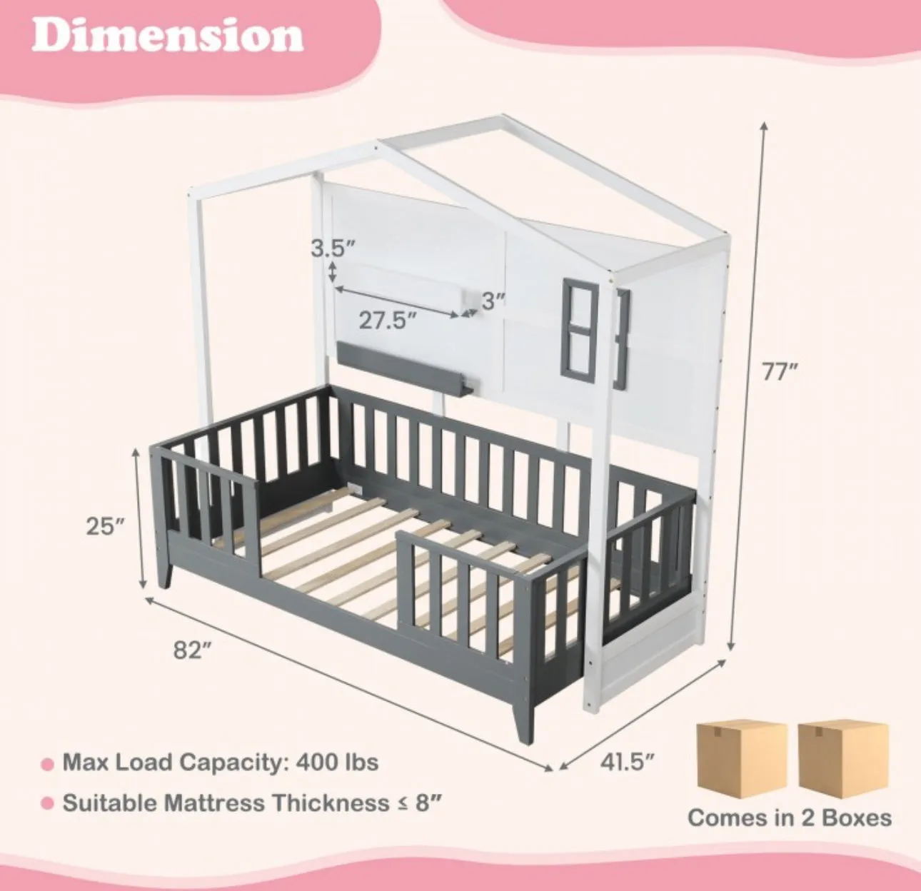 Super Cute & Adorable Modern Twin House Montessori Floor Bed With 2 Shelves | Guardrails | Solid Wood | Transition For Growth | Holds 400lbs