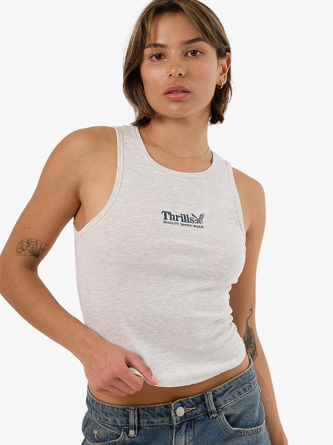 Thrills Workwear Embro Curve Tank - White Marle