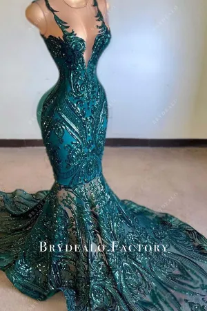 Unique Green Galaxy Sequin Trumpet Long Train Prom Dress