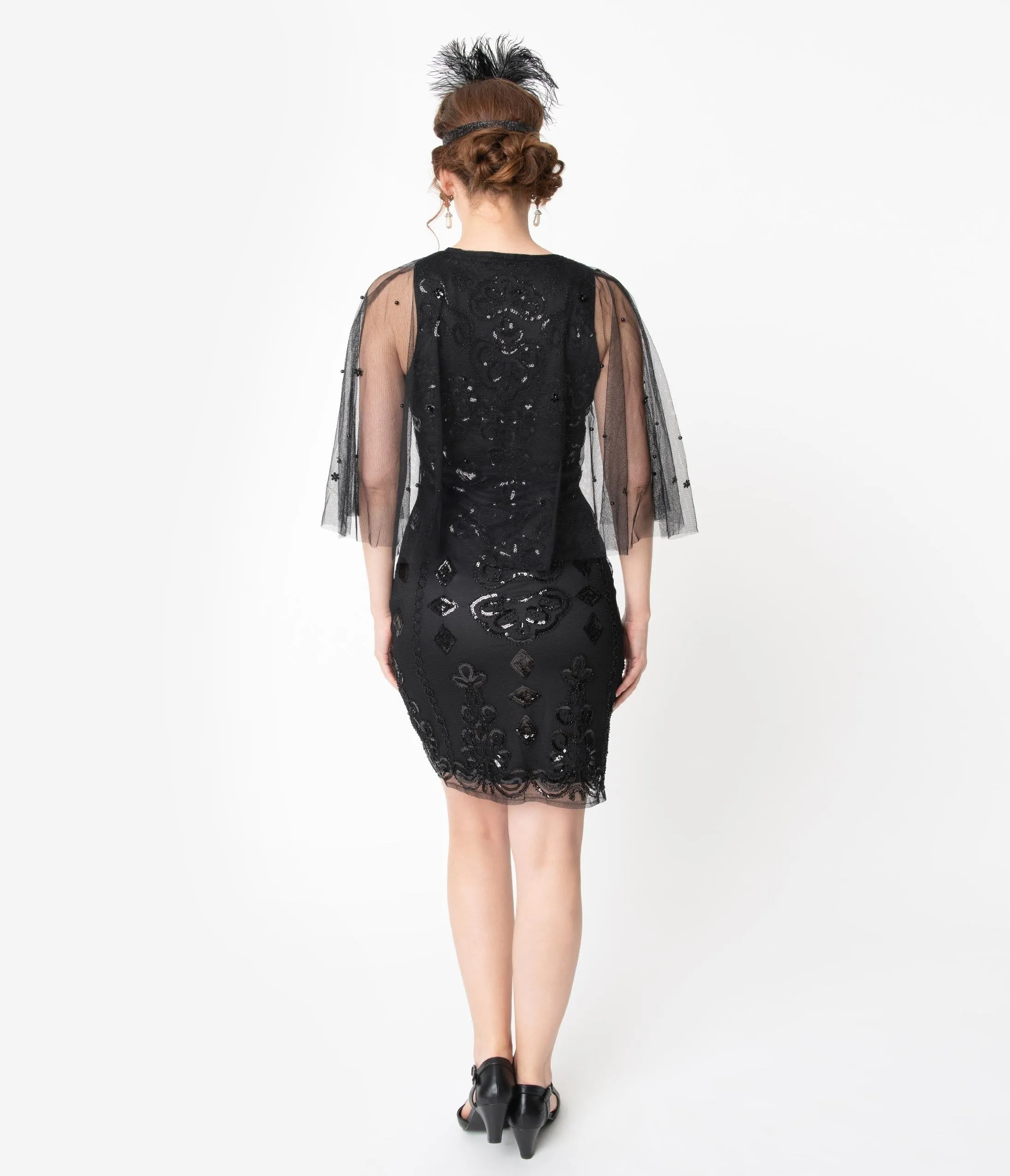 Unique Vintage Black Beaded Mesh Cape Olivette Cocktail Dress