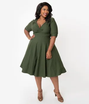 Unique Vintage Plus Size 1950s Army Green Delores Swing Dress with Sleeves