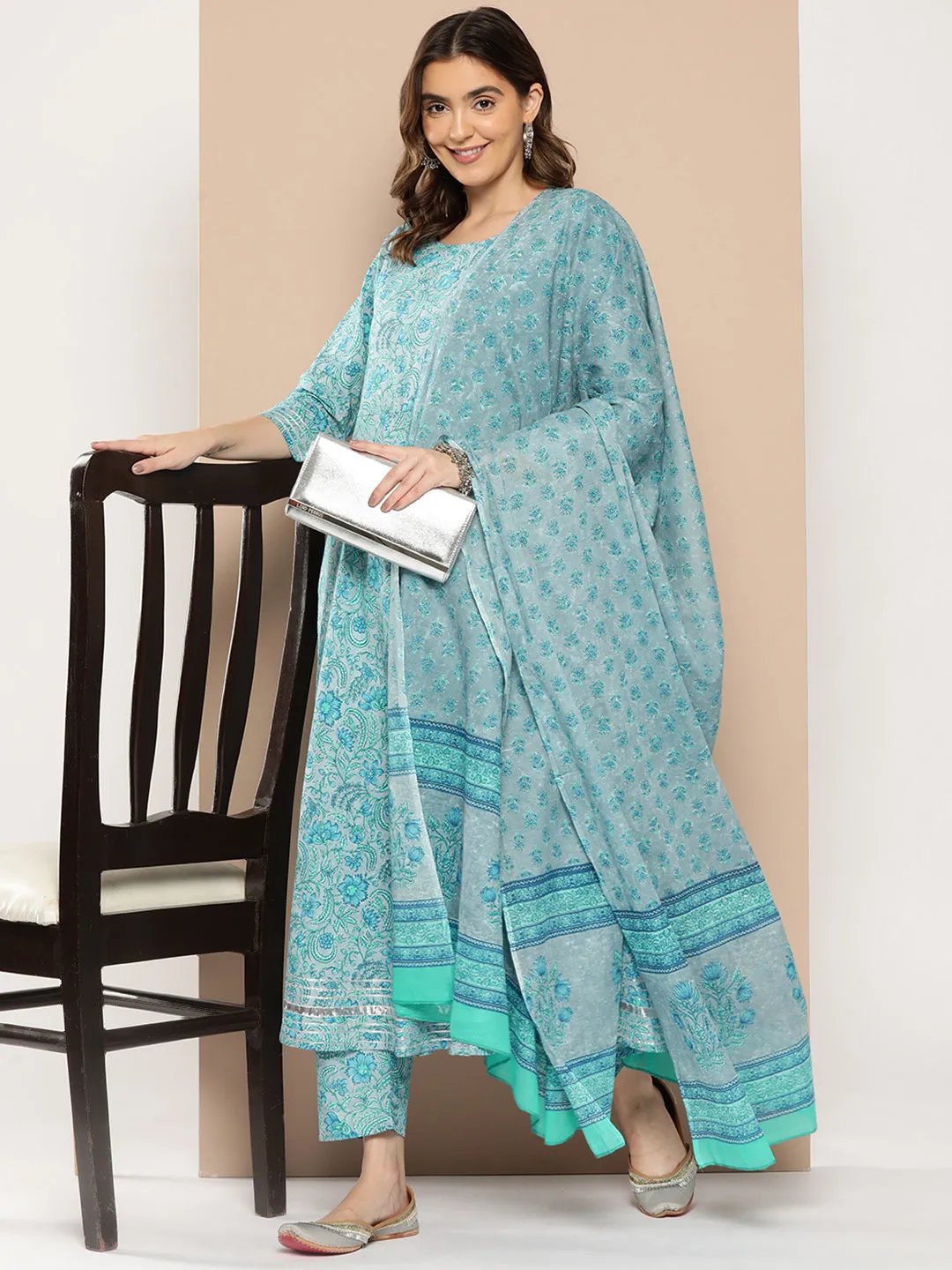 Women Blue Floral Printed Flared Kurta And Trouser With Dupatta