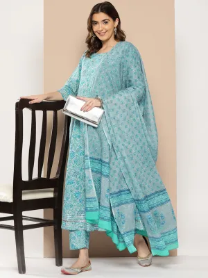 Women Blue Floral Printed Flared Kurta And Trouser With Dupatta