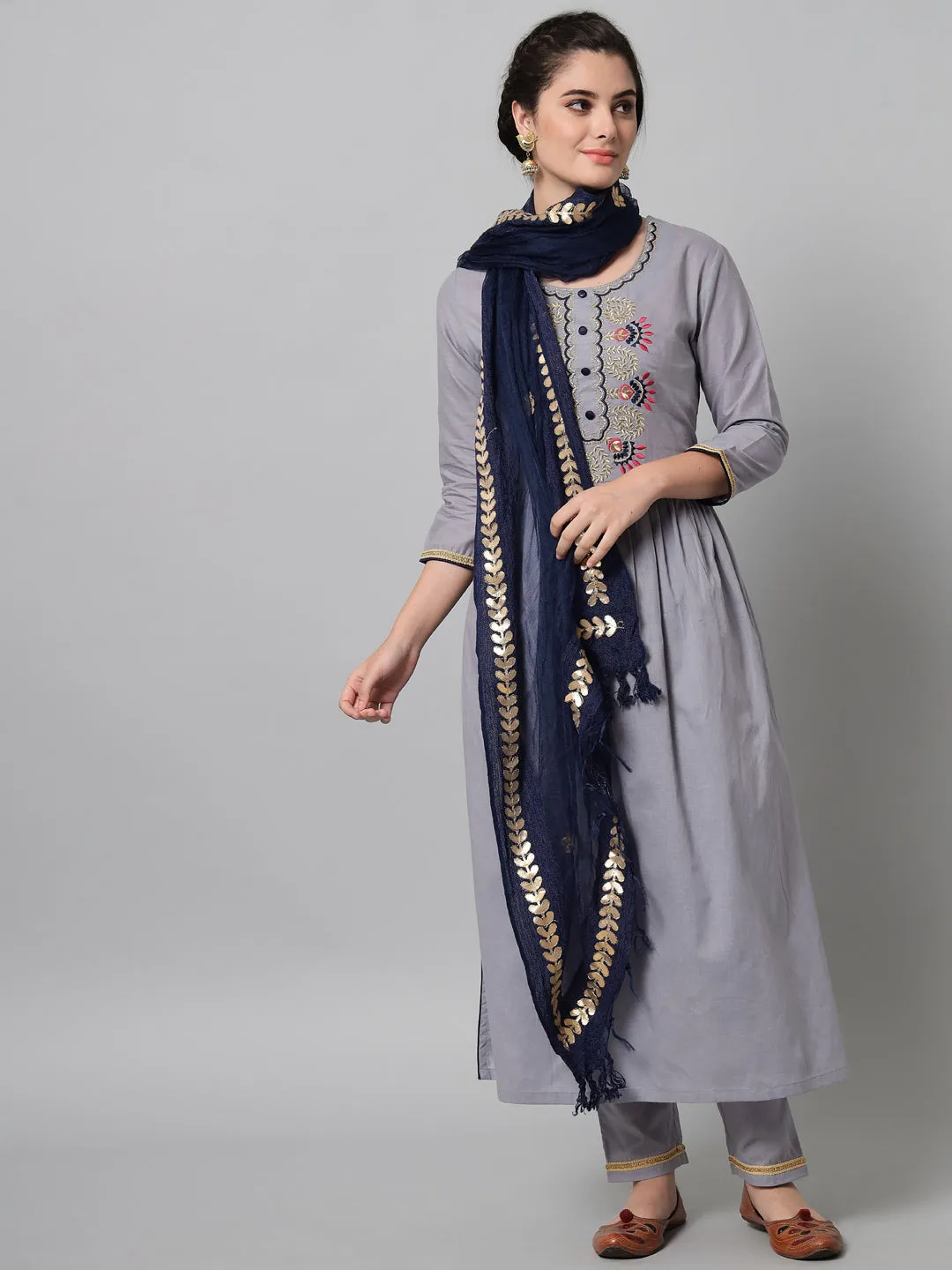 Women Grey Embroidered Kurta Trouser Set With Dupatta