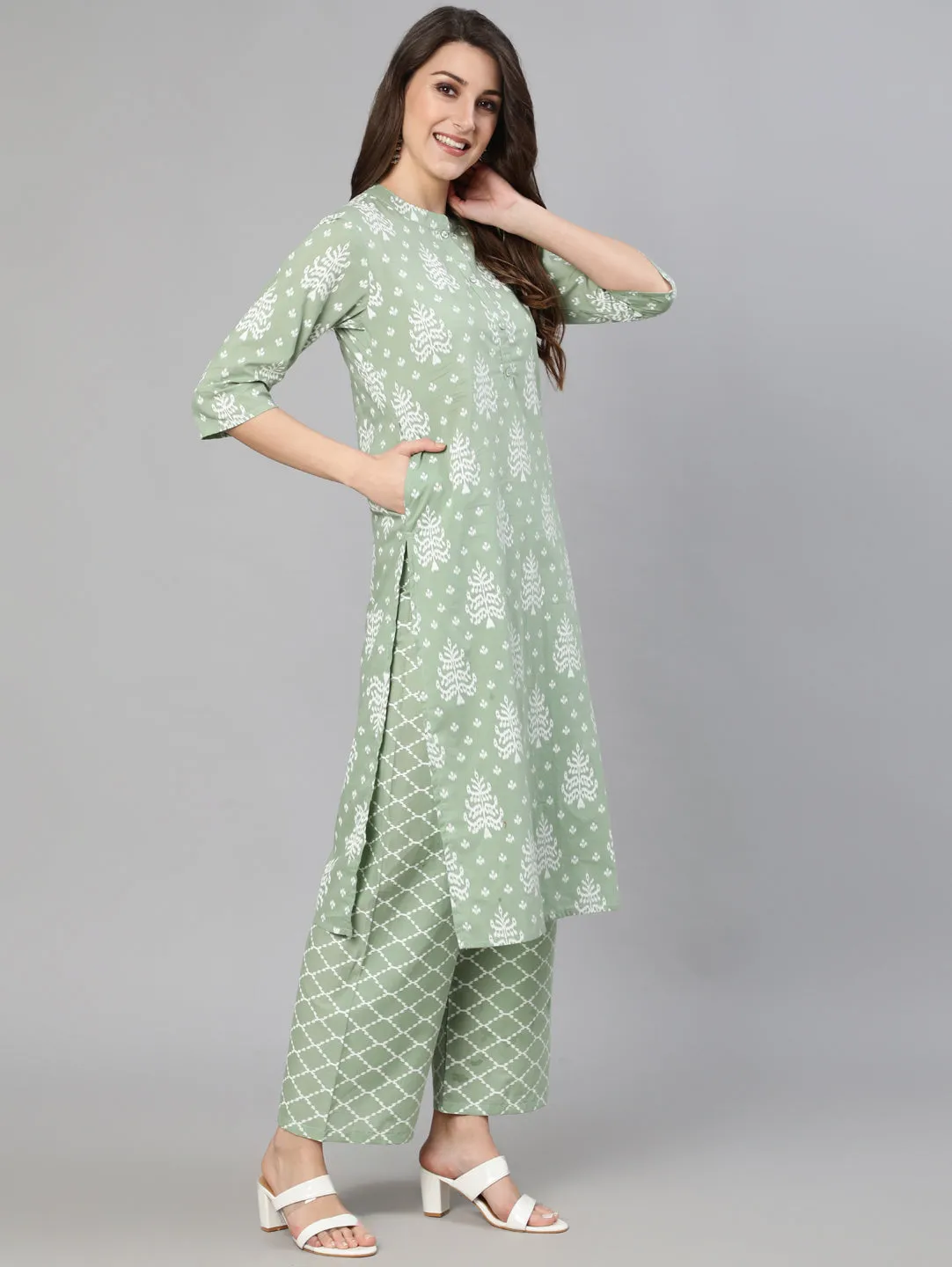 Women Olive Green Ethnic Printed Kurta And Palazzo With Dupatta