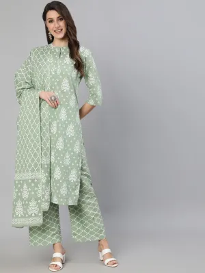 Women Olive Green Ethnic Printed Kurta And Palazzo With Dupatta