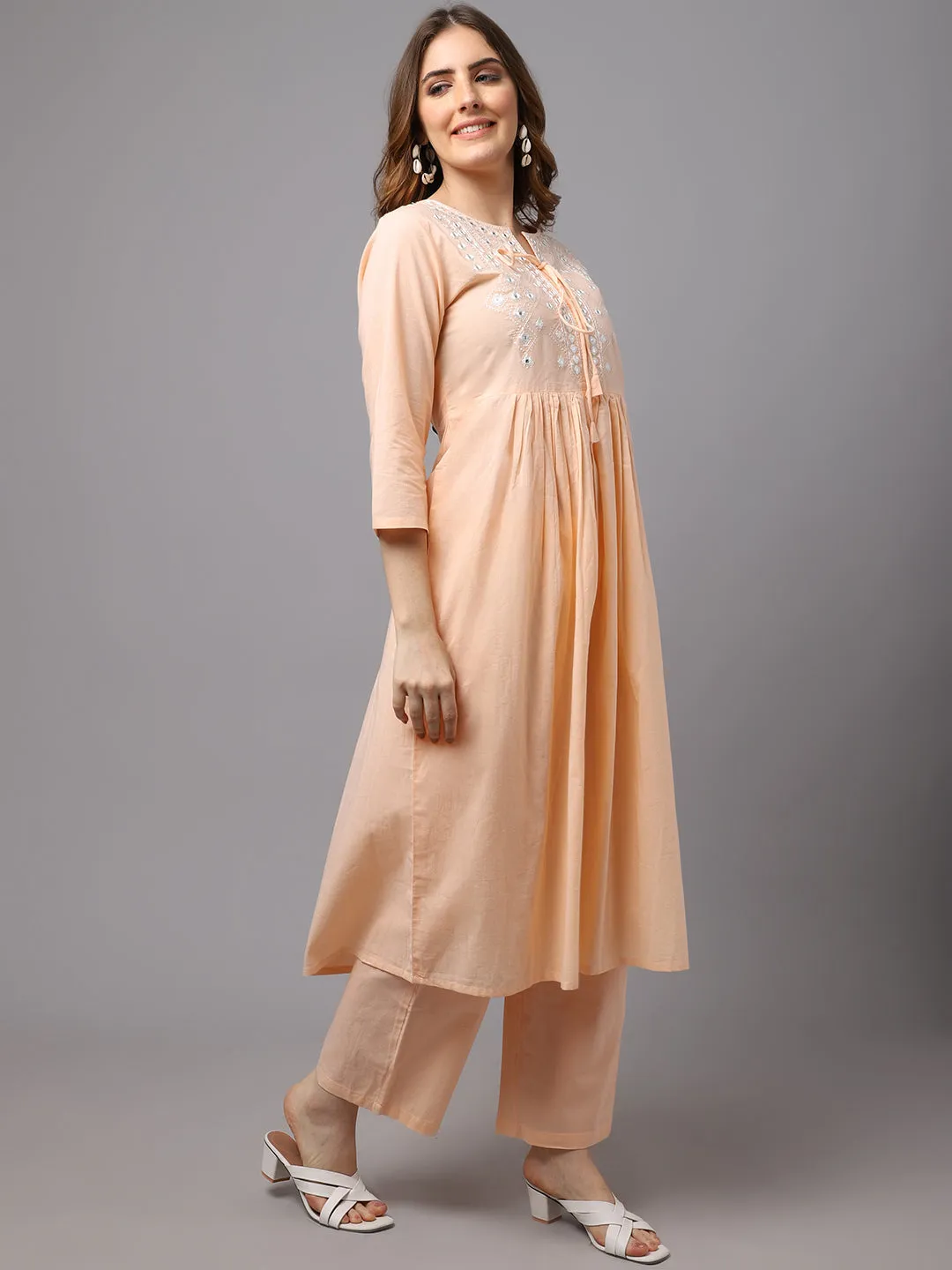 Women Pastle Orange Mirror Work Kurta Set