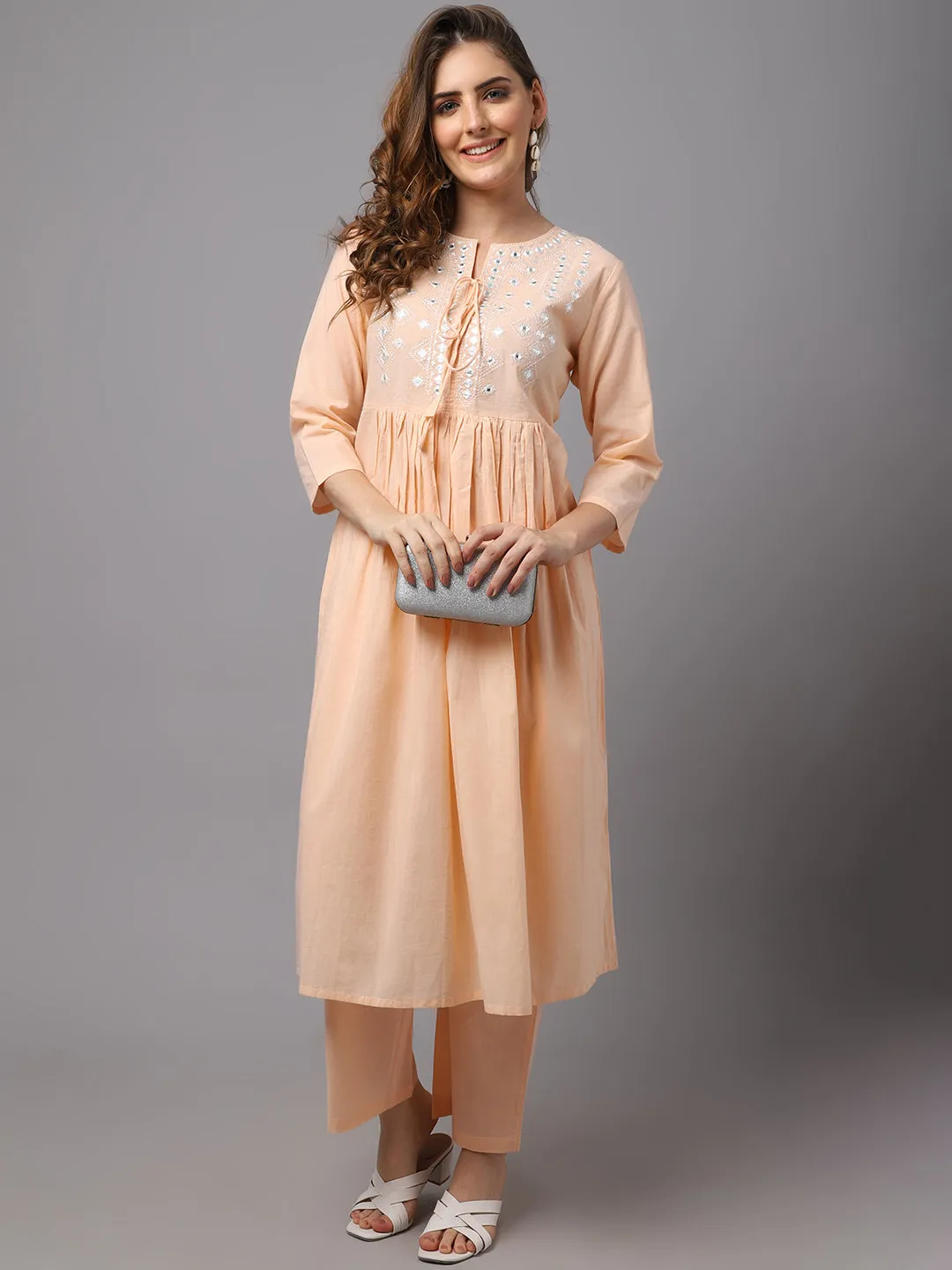 Women Pastle Orange Mirror Work Kurta Set