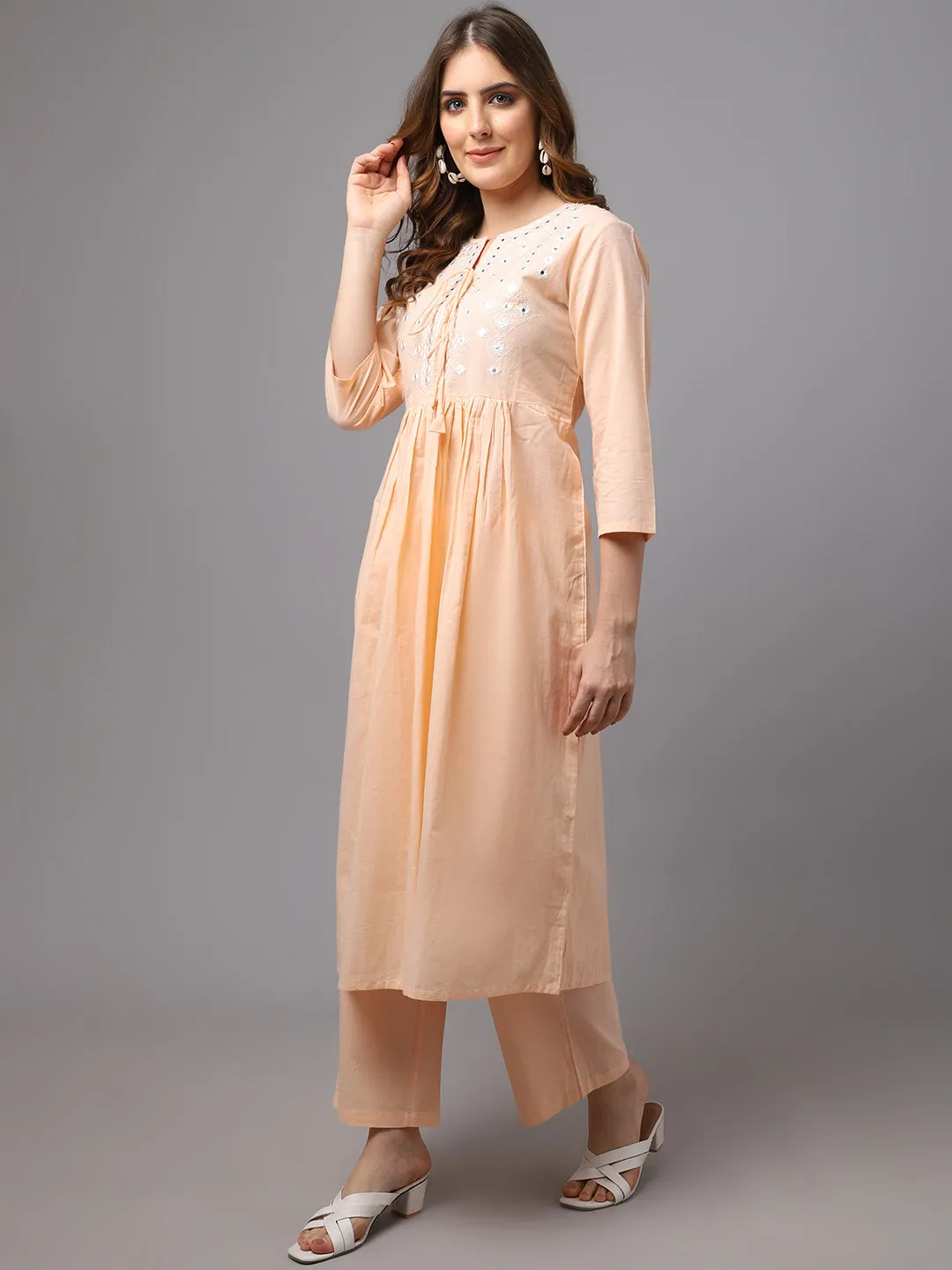 Women Pastle Orange Mirror Work Kurta Set