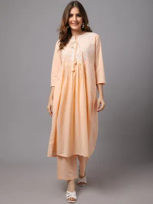 Women Pastle Orange Mirror Work Kurta Set