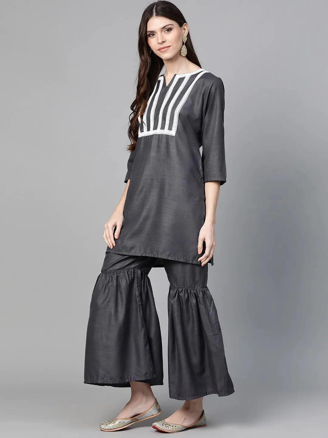 Women'S Charcoal Grey Yoke Design Kurta With Sharara & Dupatta