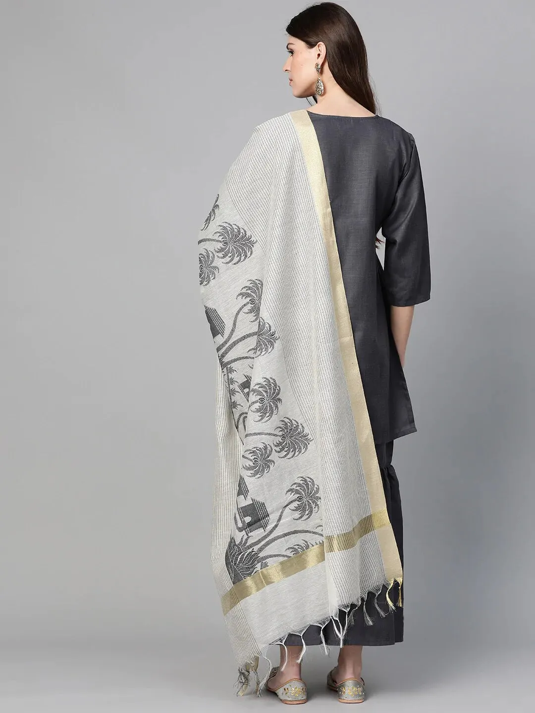 Women'S Charcoal Grey Yoke Design Kurta With Sharara & Dupatta