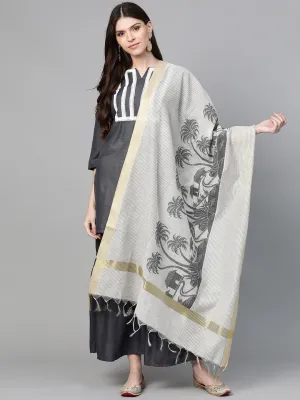 Women'S Charcoal Grey Yoke Design Kurta With Sharara & Dupatta