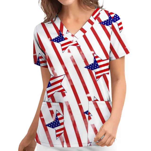 Women's Independence Day V-Neck Top with Pockets