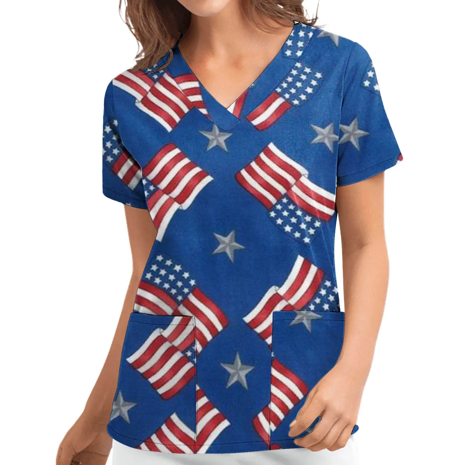 Women's Independence Day V-Neck Top with Pockets