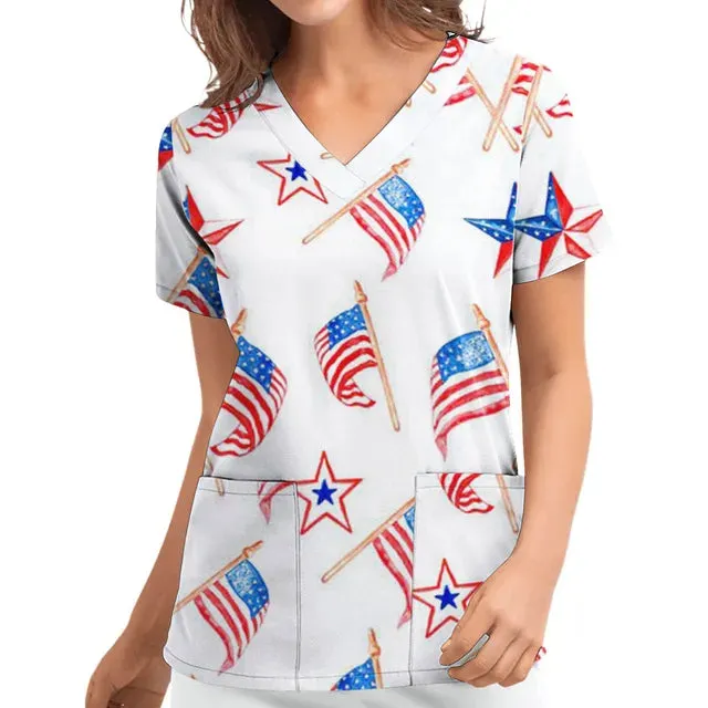 Women's Independence Day V-Neck Top with Pockets