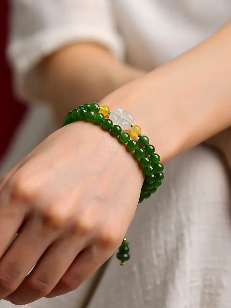 Xinjiang Hetian Jade Bracelet Adorned with a Four Leaf Clover Green Jade Biyu Bracelet