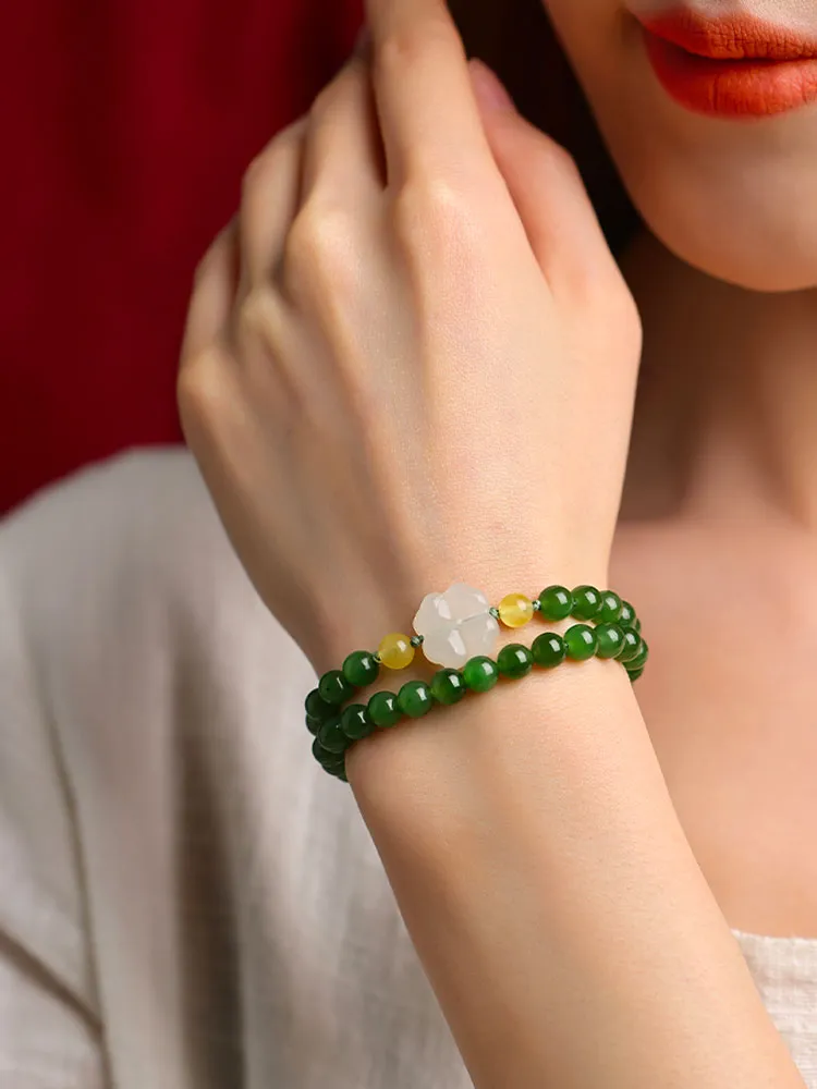 Xinjiang Hetian Jade Bracelet Adorned with a Four Leaf Clover Green Jade Biyu Bracelet